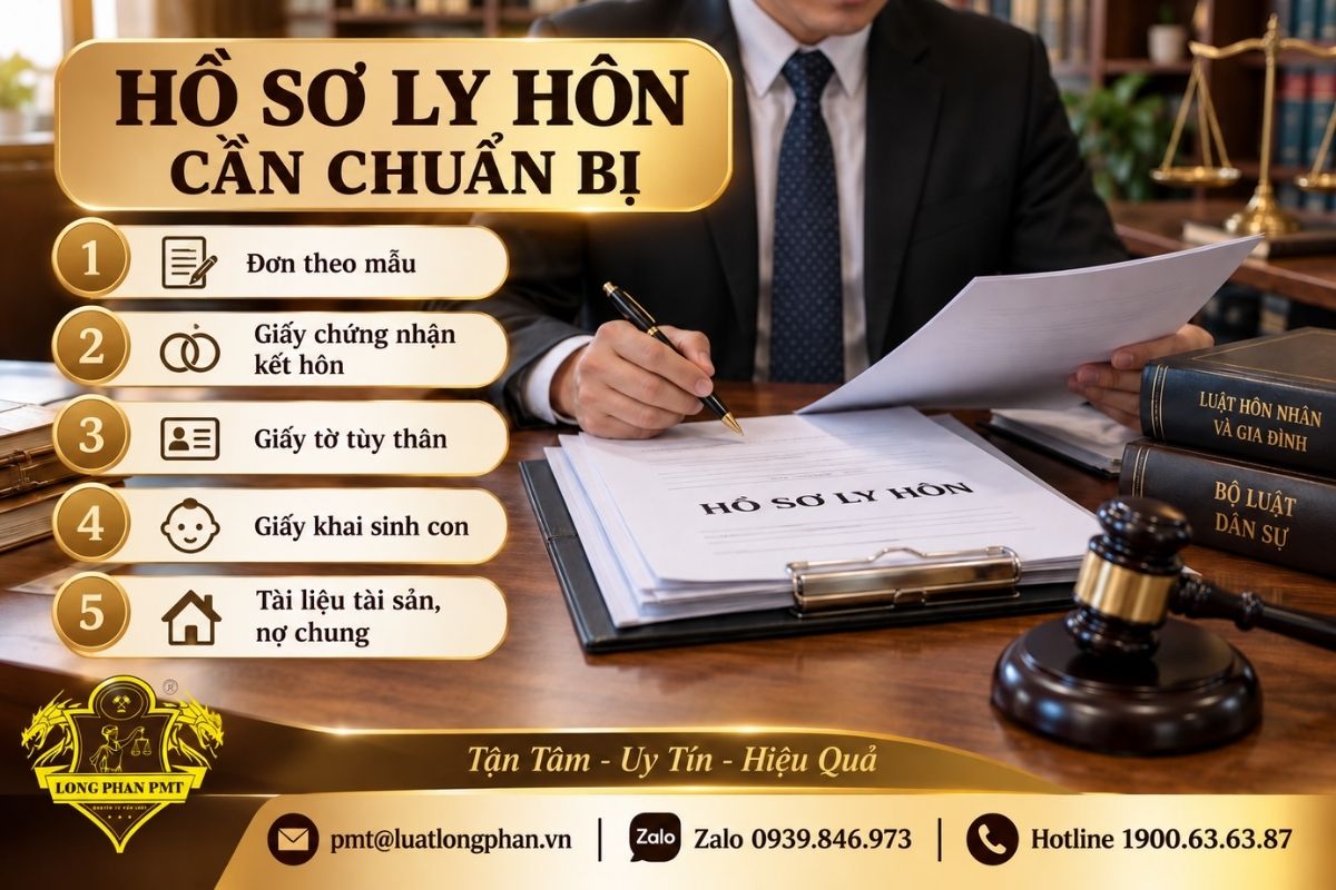 Luật sư kiểm tra bộ hồ sơ ly hôn gồm đơn, giấy chứng nhận kết hôn, giấy tờ tùy thân, giấy khai sinh con