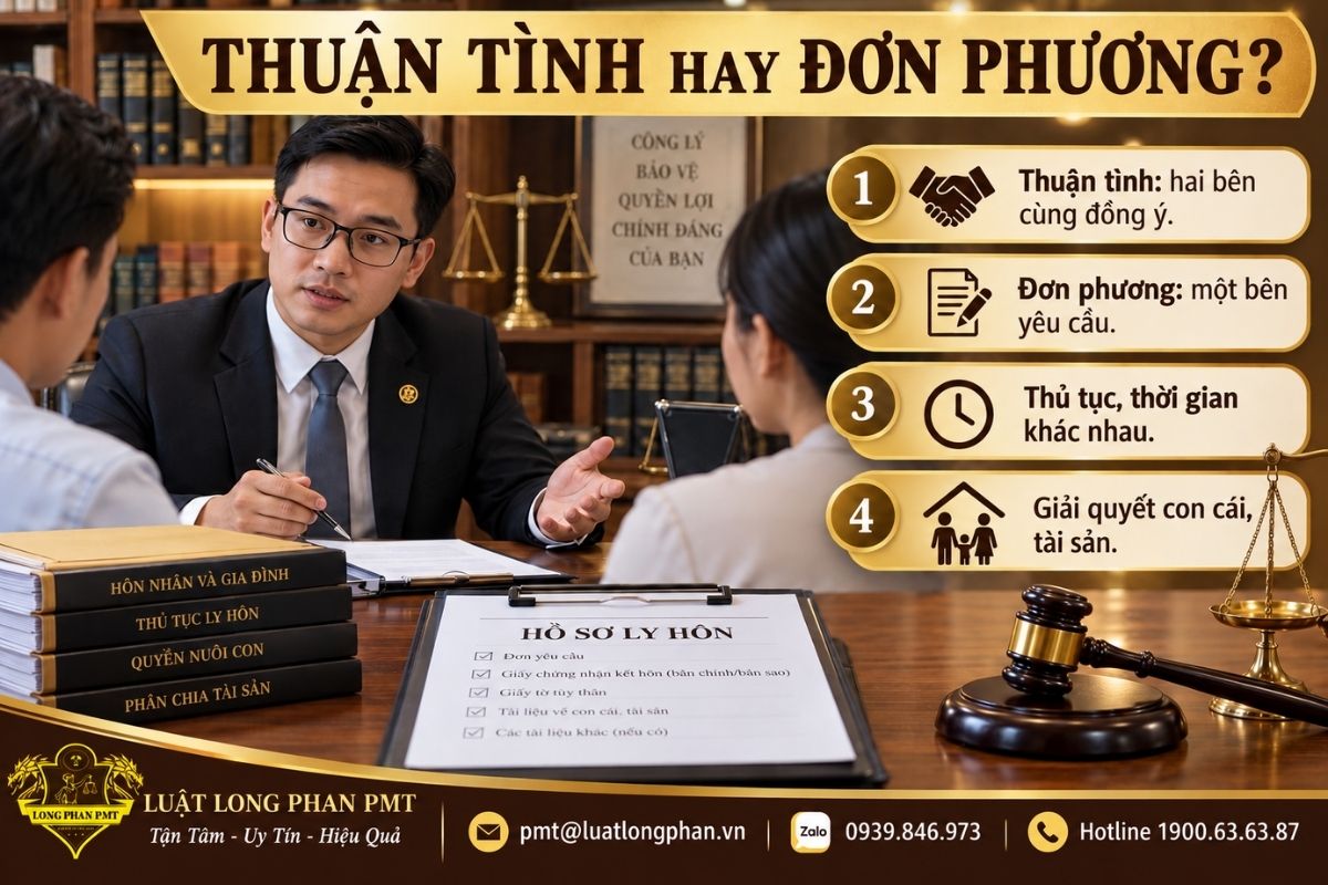 Luật sư phân tích sự khác nhau giữa ly hôn thuận tình và ly hôn đơn phương cùng hồ sơ ly hôn trên bàn làm việc