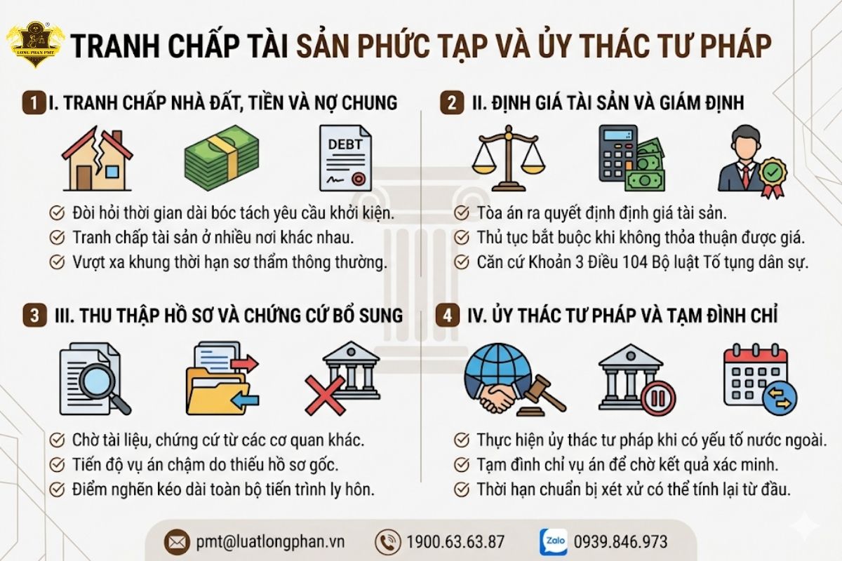 Các yếu tố gây tranh chấp phức tạp về tài sản chung và ủy thác tư pháp khi ly hôn.