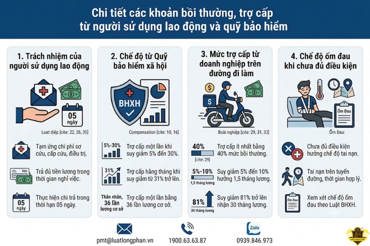 Mức bồi thường trợ cấp từ người sử dụng lao động và quỹ bảo hiểm.