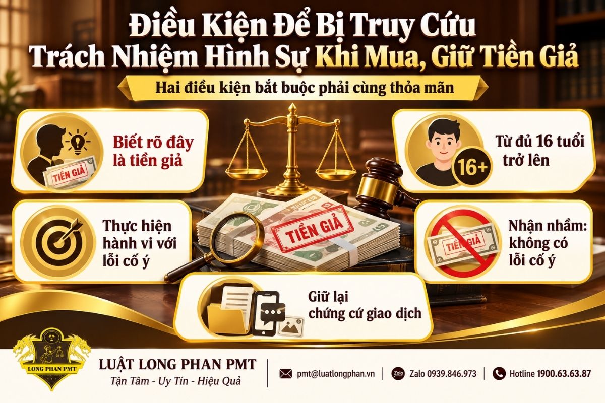 Điều kiện truy cứu trách nhiệm hình sự khi mua, giữ tiền giả theo quy định hiện hành.