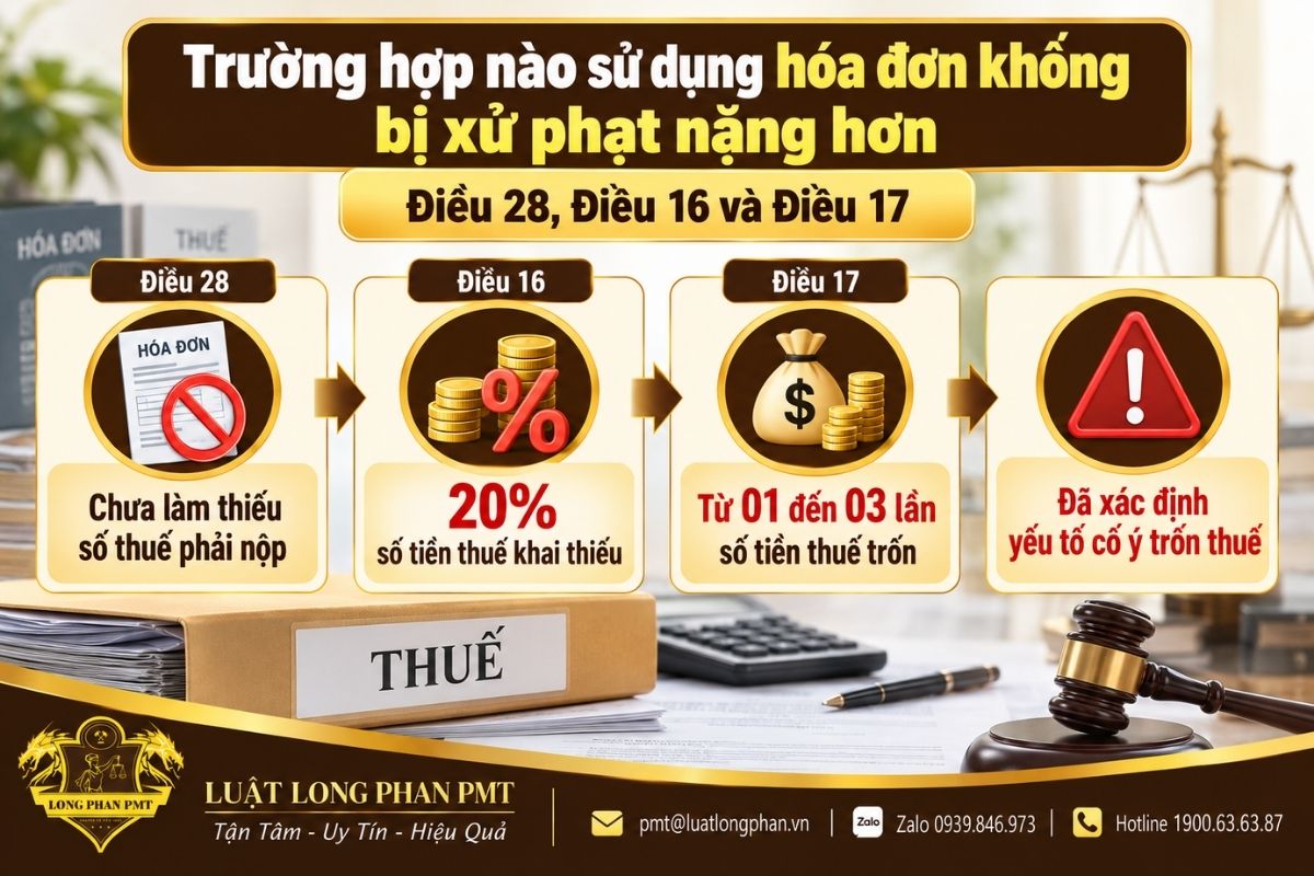 Mức phạt hóa đơn khống theo Điều 28, Điều 16 và Điều 17 khi phát sinh thiếu thuế hoặc trốn thuế.