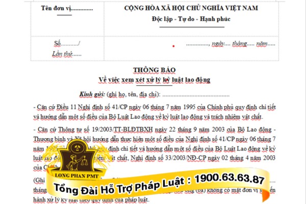 Thông báo xem xét kỷ luật lao động