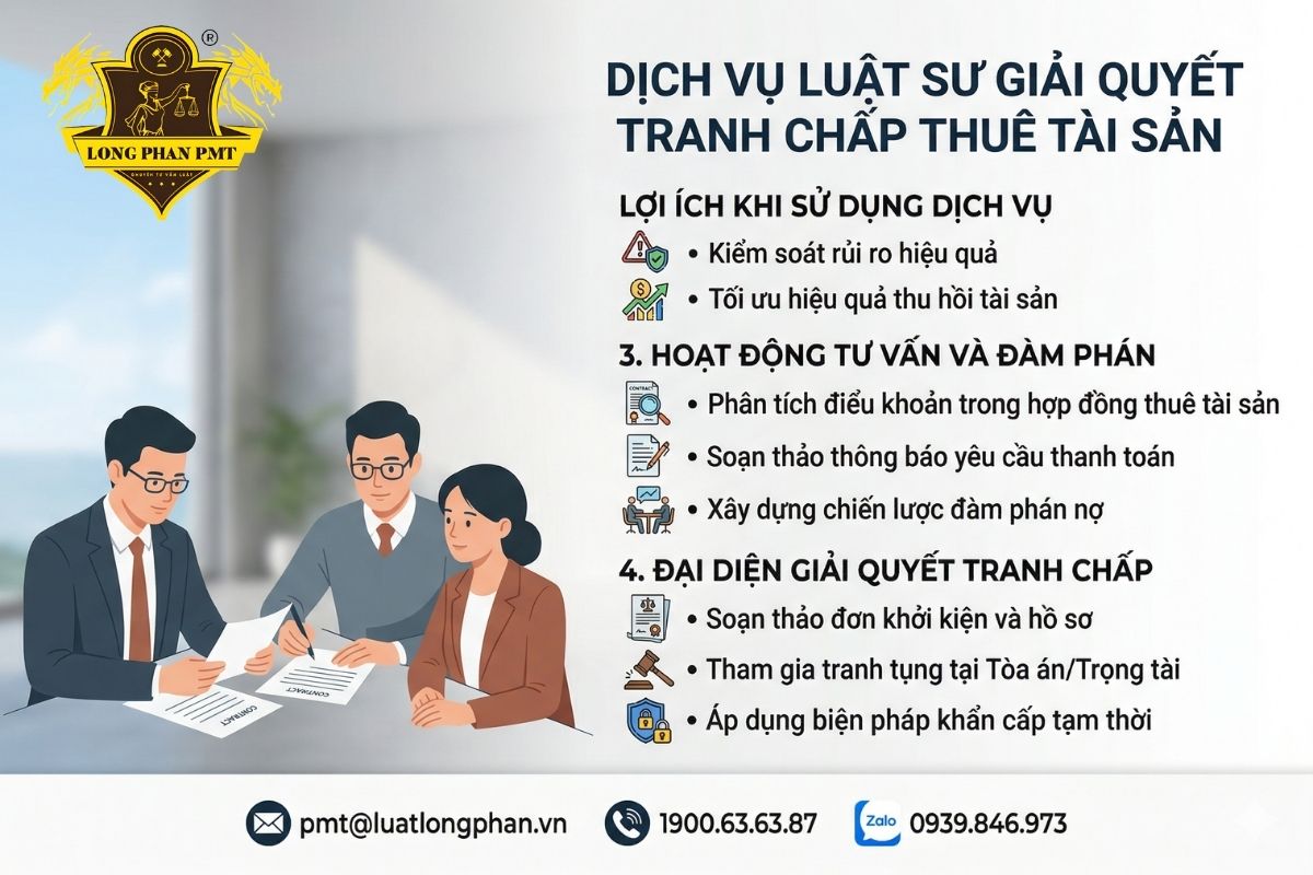 Dịch vụ Luật sư Luật Long Phan PMT tư vấn giải quyết tranh chấp thuê tài sản chuyên sâu và đại diện tranh tụng.