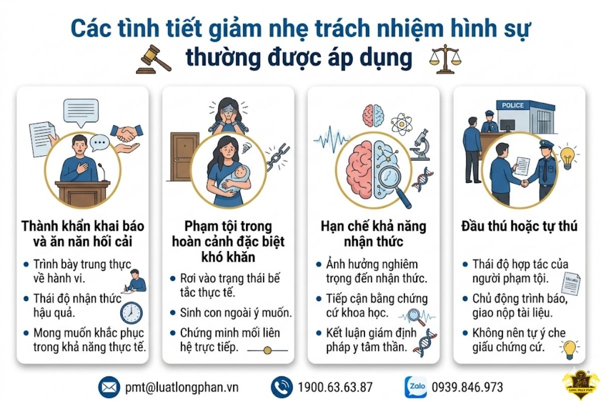 Các tình tiết giảm nhẹ trách nhiệm hình sự thường được áp dụng.