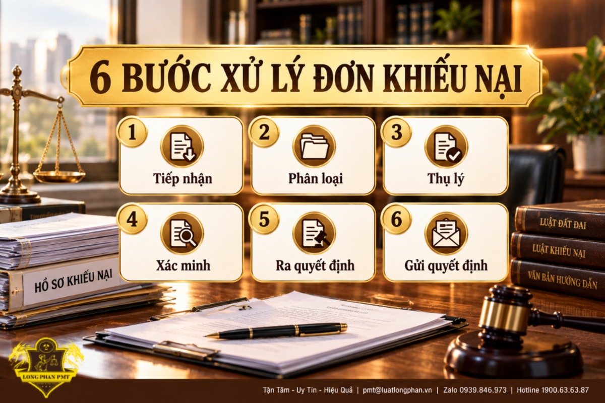  6 bước xử lý đơn khiếu nại đền bù đất: tiếp nhận, phân loại, thụ lý, xác minh, ra quyết định, gửi quyết định