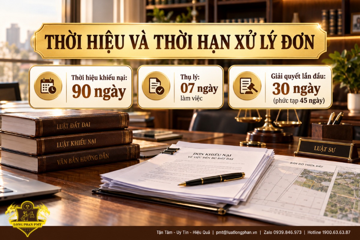 Thời hiệu khiếu nại 90 ngày, thụ lý 07 ngày làm việc, giải quyết lần đầu 30 ngày khi khiếu nại đền bù đất