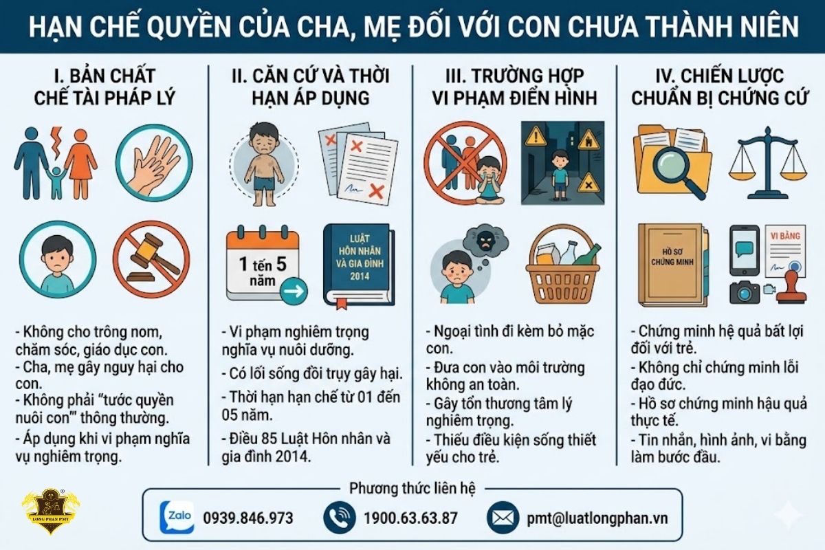 Các trường hợp vi phạm dẫn đến hạn chế quyền của cha mẹ đối với con chưa thành niên.