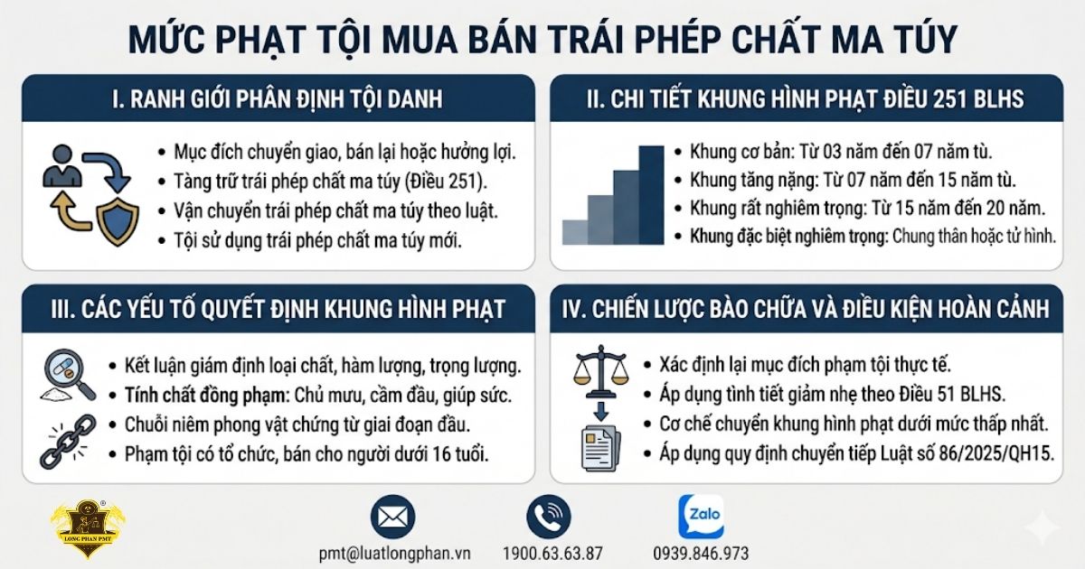 Sơ đồ tổng quan quy định định khung và mức phạt tội mua bán ma túy mới nhất.