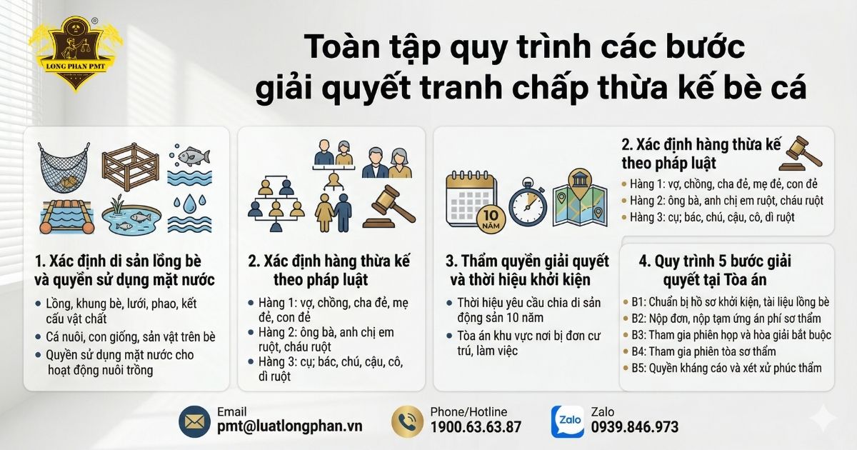 Quy trình các bước giải quyết tranh chấp thừa kế bè cá chi tiết và chuyên nghiệp.