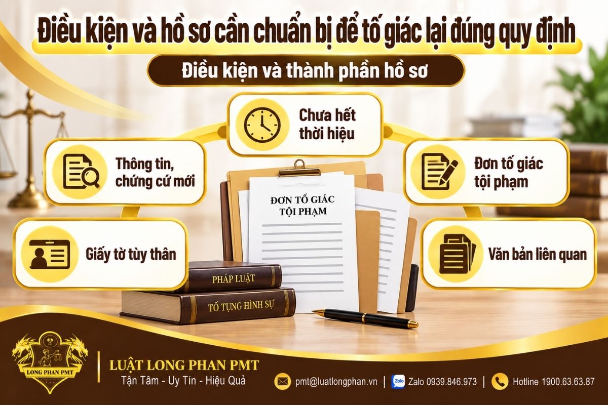 Điều kiện và hồ sơ tố giác lại gồm chứng cứ mới, giấy tờ tùy thân và văn bản liên quan.