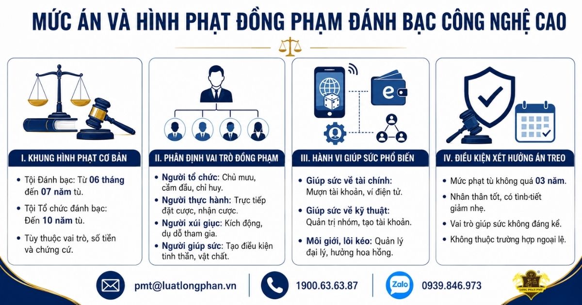 Mức án và hình phạt tội đồng phạm đánh bạc công nghệ cao chi tiết.