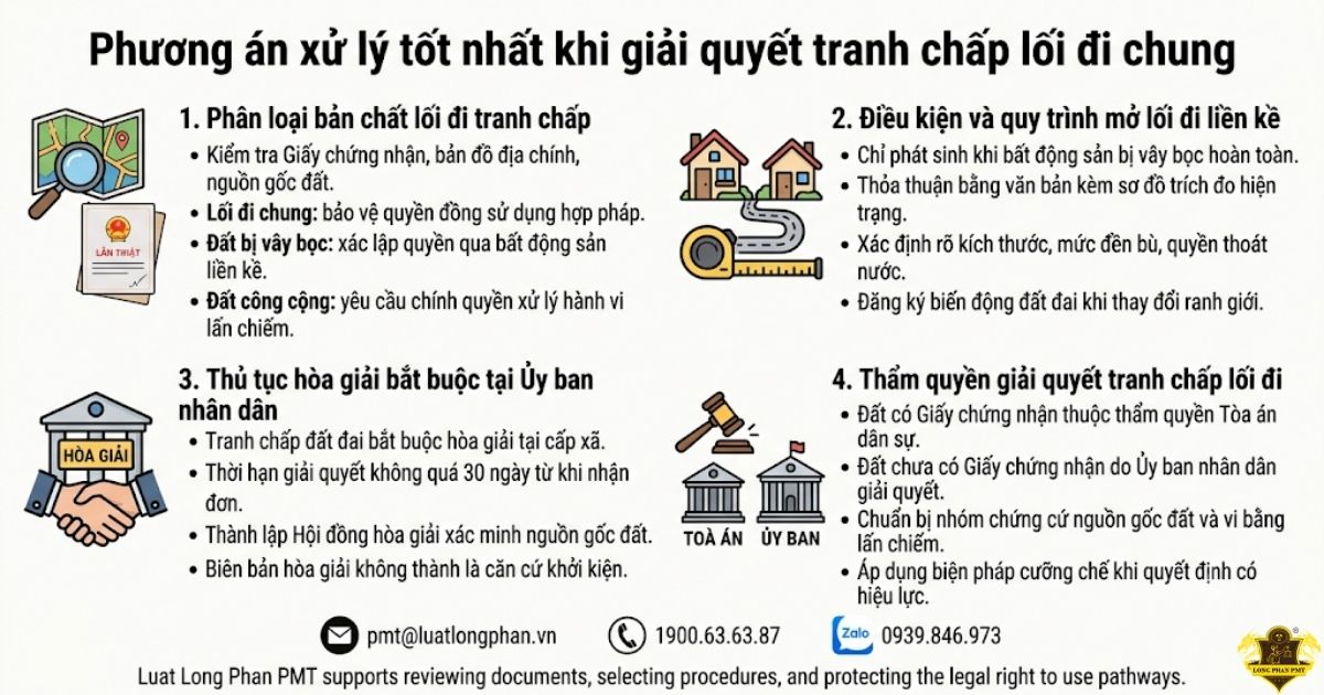 Phương án giải quyết tranh chấp lối đi chung và xử lý tranh chấp hợp đồng tour du lịch.