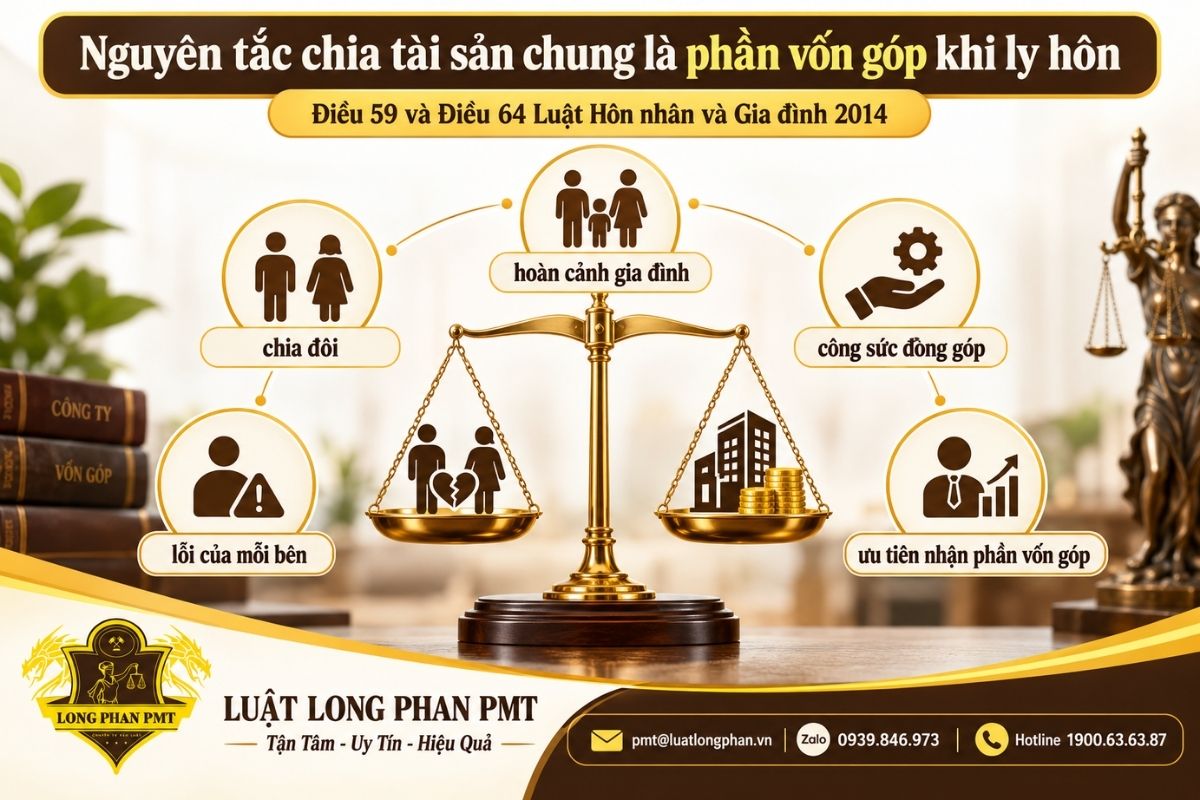 Nguyên tắc chia phần vốn góp khi ly hôn dựa trên công sức, hoàn cảnh và hoạt động kinh doanh.