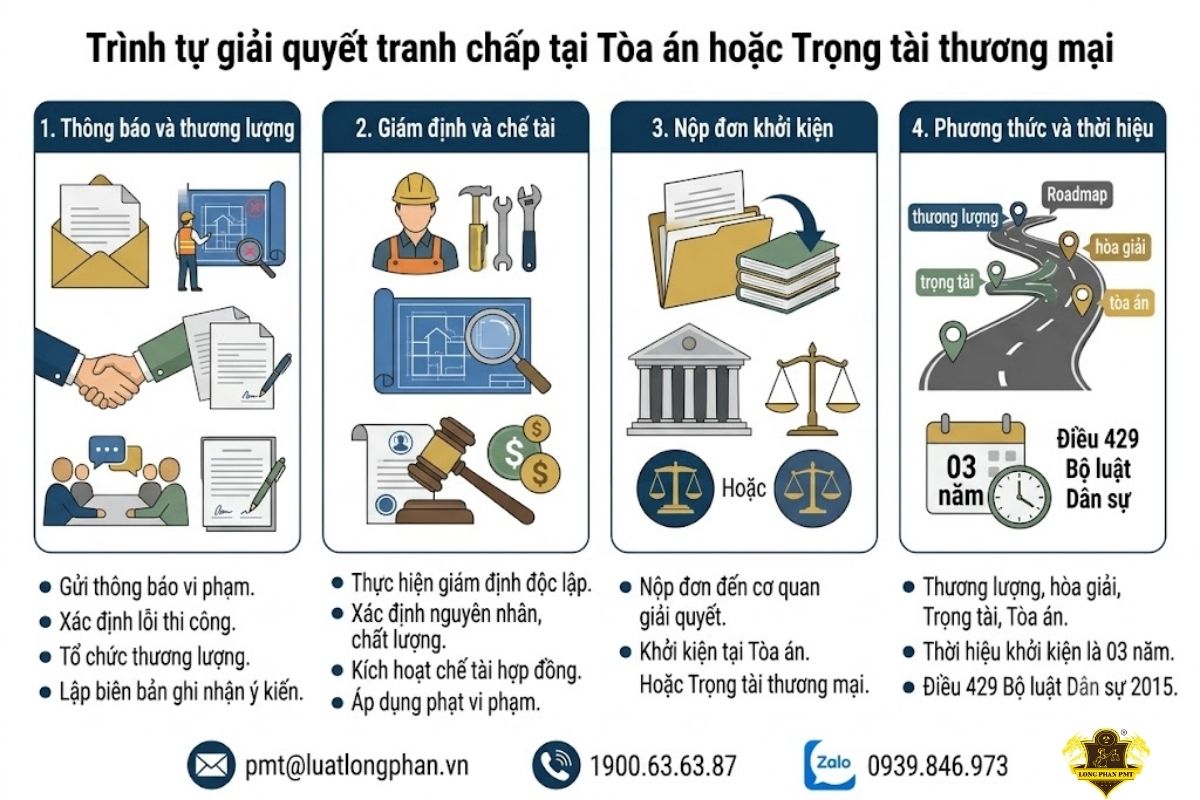 Trình tự giải quyết tranh chấp hợp đồng xây dựng tại Tòa án hoặc Trọng tài