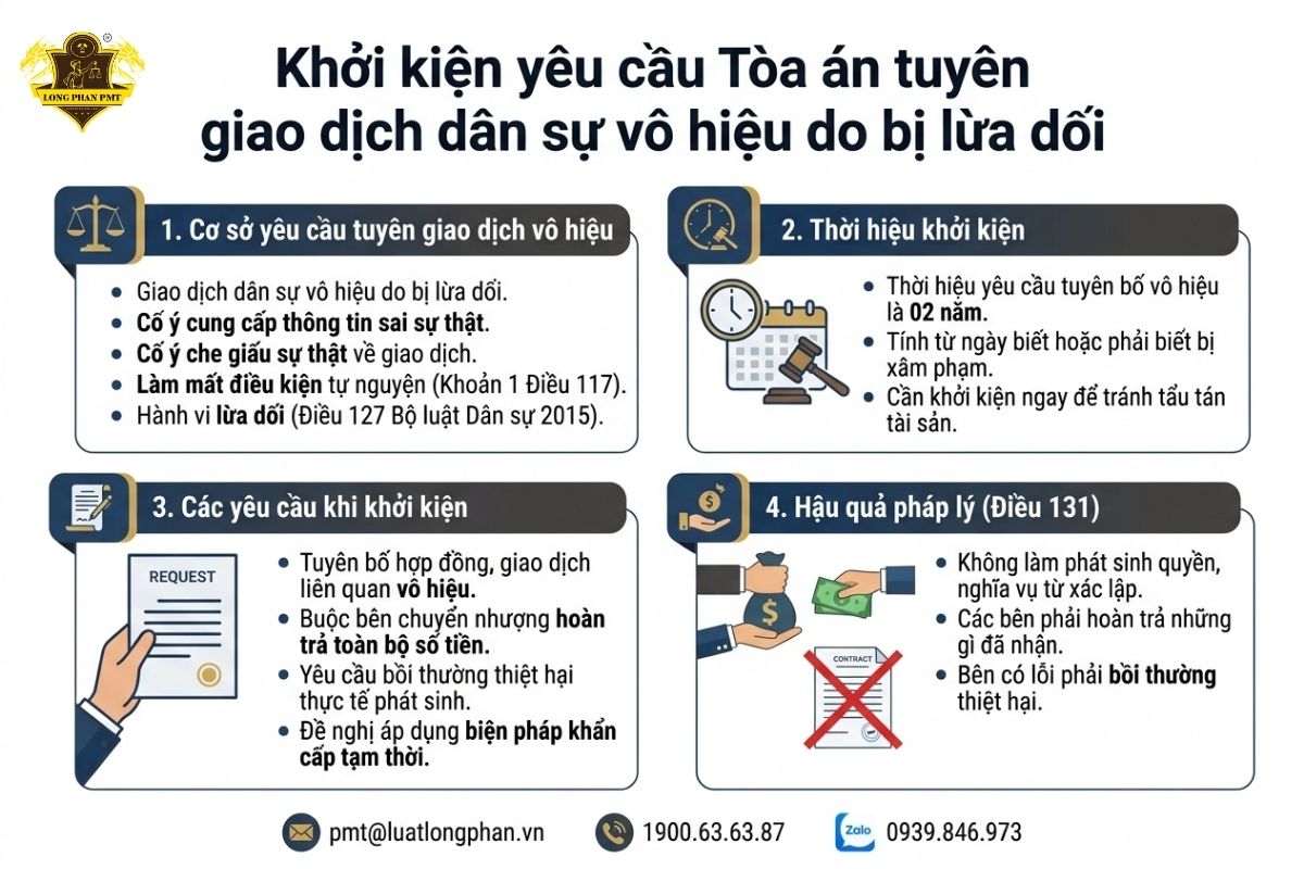 Khởi kiện yêu cầu Tòa án tuyên giao dịch dân sự vô hiệu do bị lừa dối.