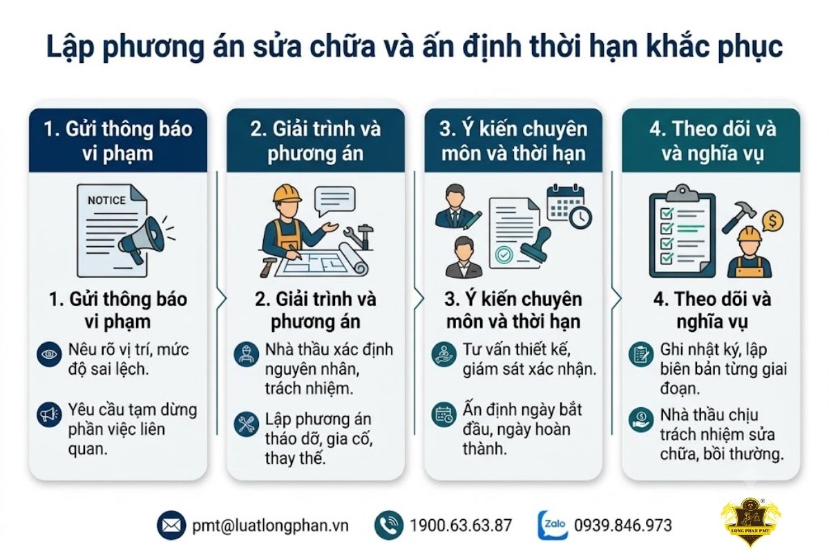 Lập phương án sửa chữa và ấn định thời hạn khắc phục lỗi thi công.