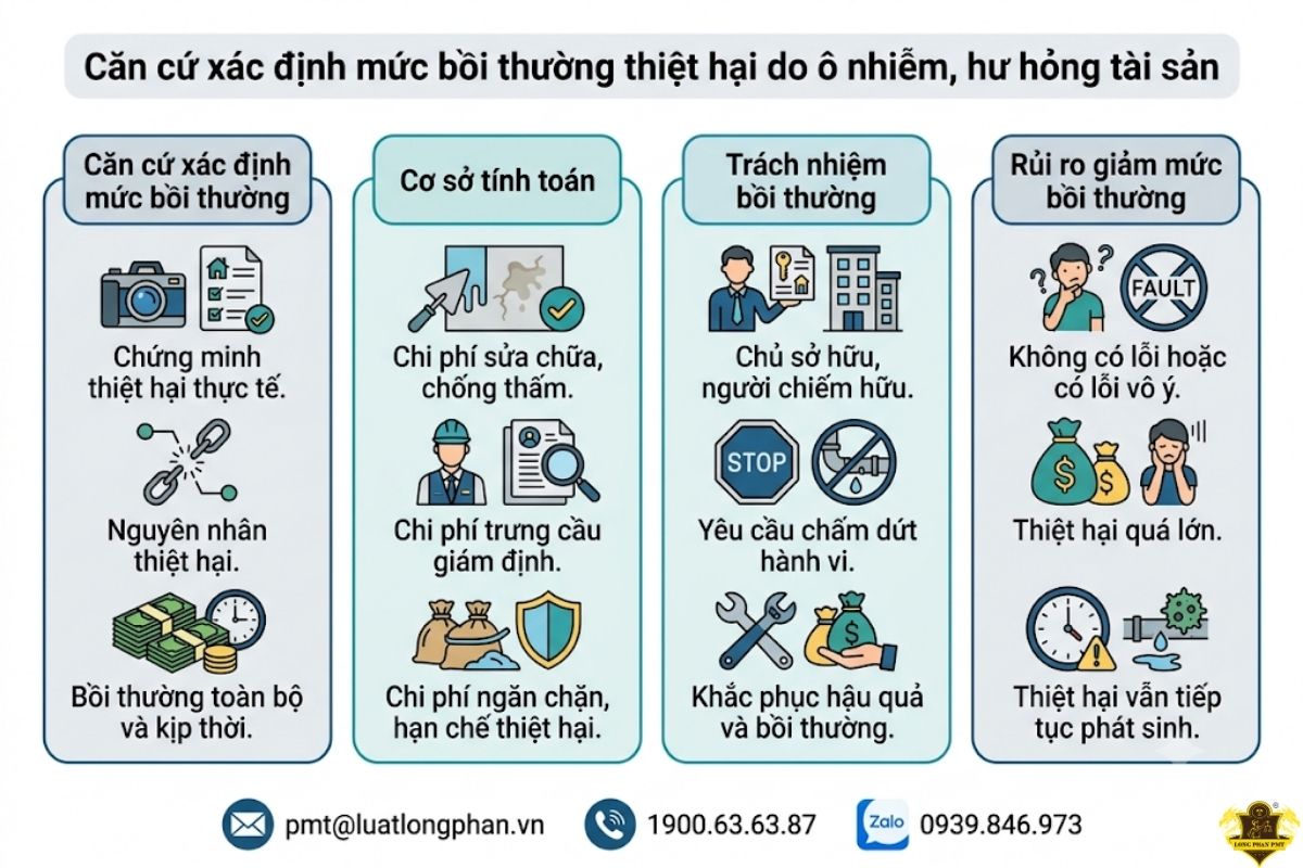 Căn cứ xác định mức bồi thường thiệt hại do ô nhiễm, hư hỏng tài sản