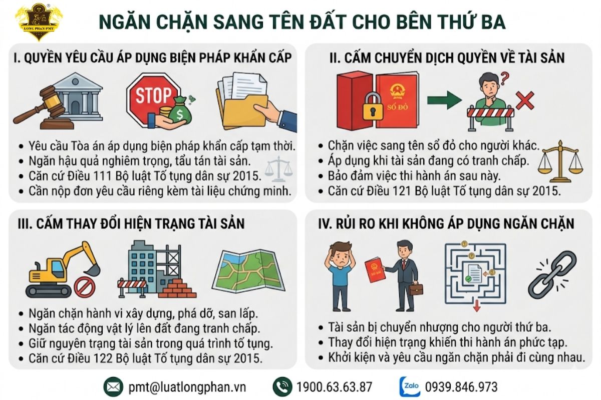 Áp dụng biện pháp khẩn cấp tạm thời ngăn chặn bên mua sang tên đất cho bên thứ ba.
