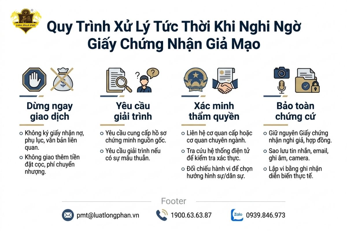 Các bước trong quy trình xử lý tức thời khi nghi ngờ Giấy chứng nhận giả mạo.