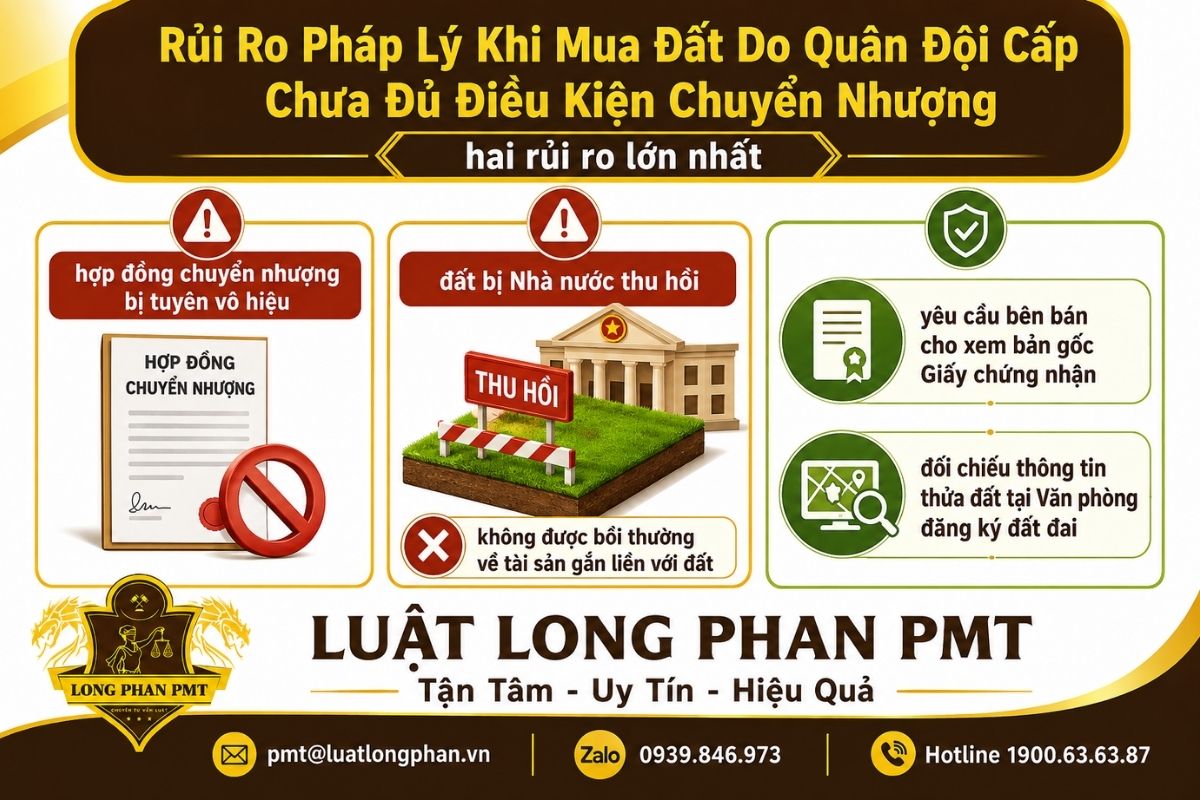 Rủi ro mua đất quân đội cấp gồm hợp đồng vô hiệu và nguy cơ Nhà nước thu hồi đất.