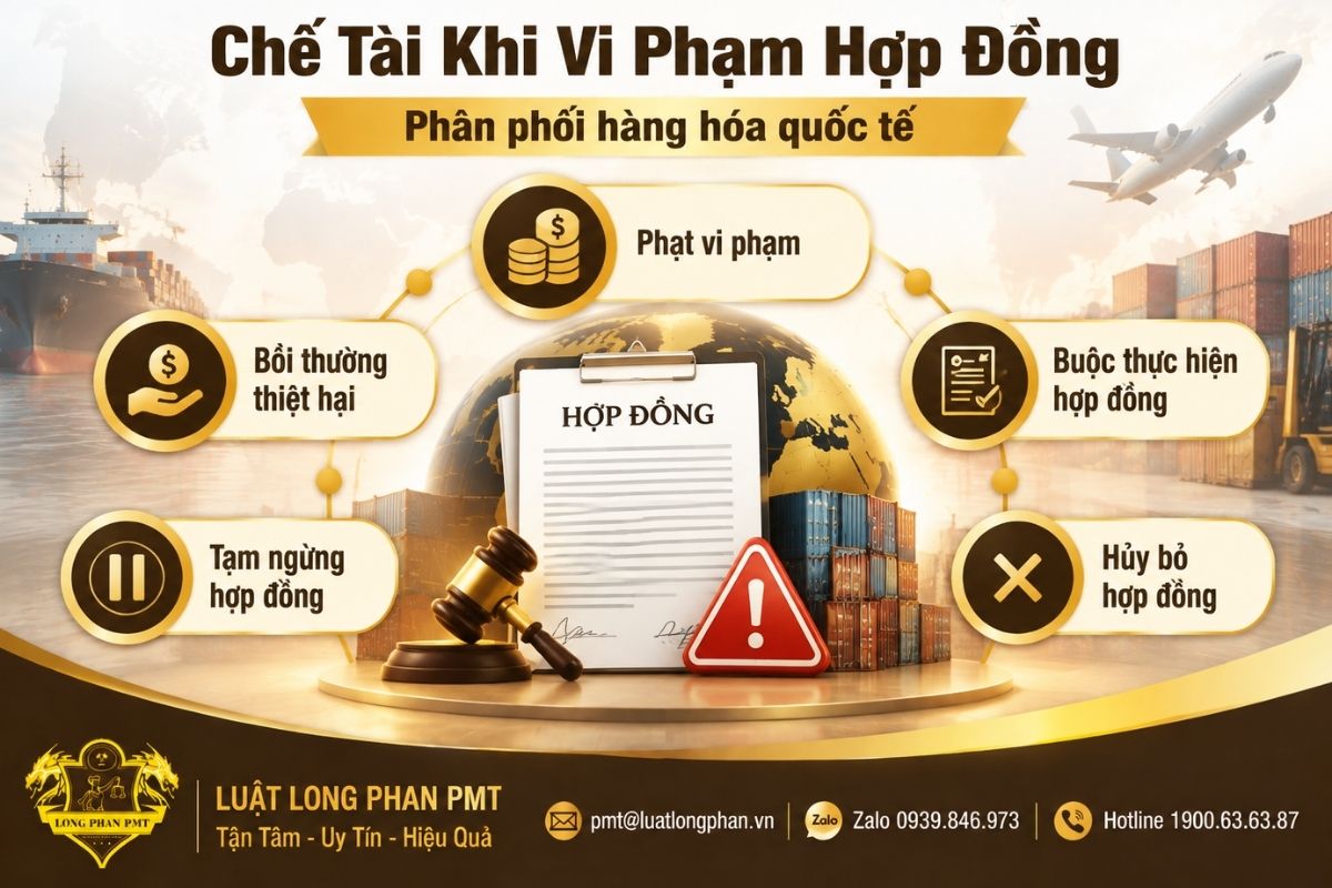Chế tài vi phạm hợp đồng phân phối quốc tế gồm phạt vi phạm và bồi thường thiệt hại.