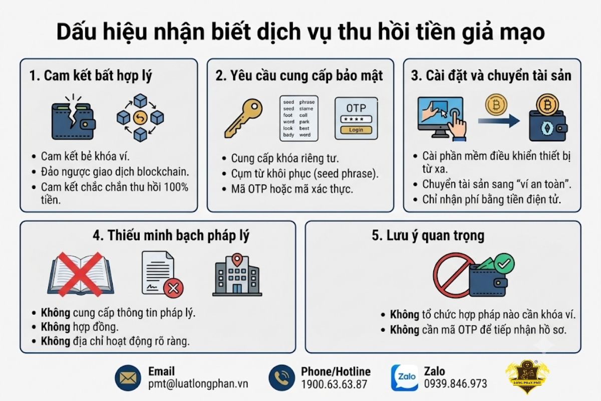 Dấu hiệu nhận biết dịch vụ thu hồi tiền lừa đảo giả mạo.