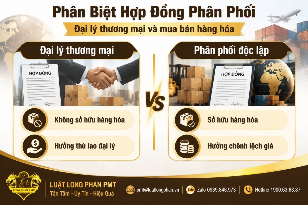 So sánh hợp đồng phân phối độc lập và hợp đồng đại lý thương mại trong tranh chấp quốc tế.