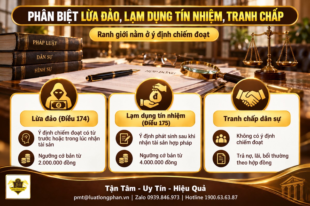 Bộ luật, hợp đồng và kính lúp minh họa phân biệt lừa đảo, lạm dụng tín nhiệm và tranh chấp dân sự