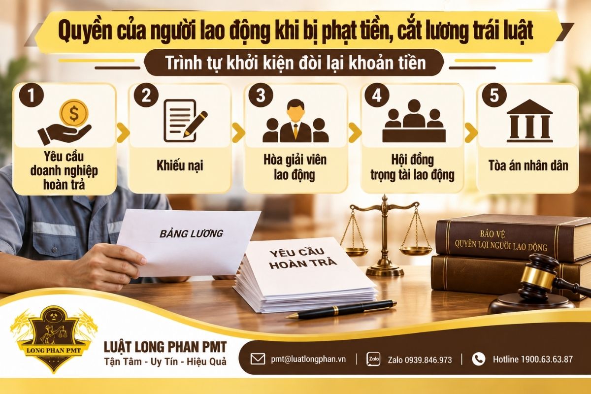 Quyền của người lao động khi bị phạt tiền, cắt lương trái luật và trình tự yêu cầu bảo vệ quyền lợi.