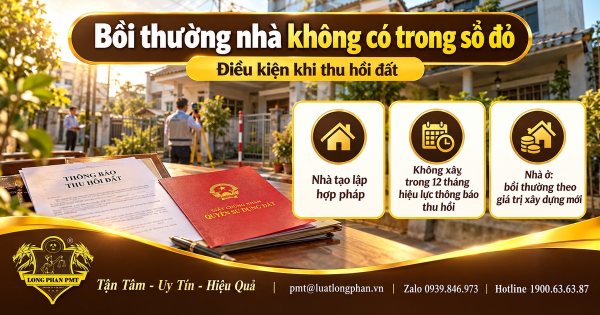 Điều kiện bồi thường nhà không có trong sổ đỏ khi thu hồi đất: nhà tạo lập hợp pháp, không xây sau thông báo