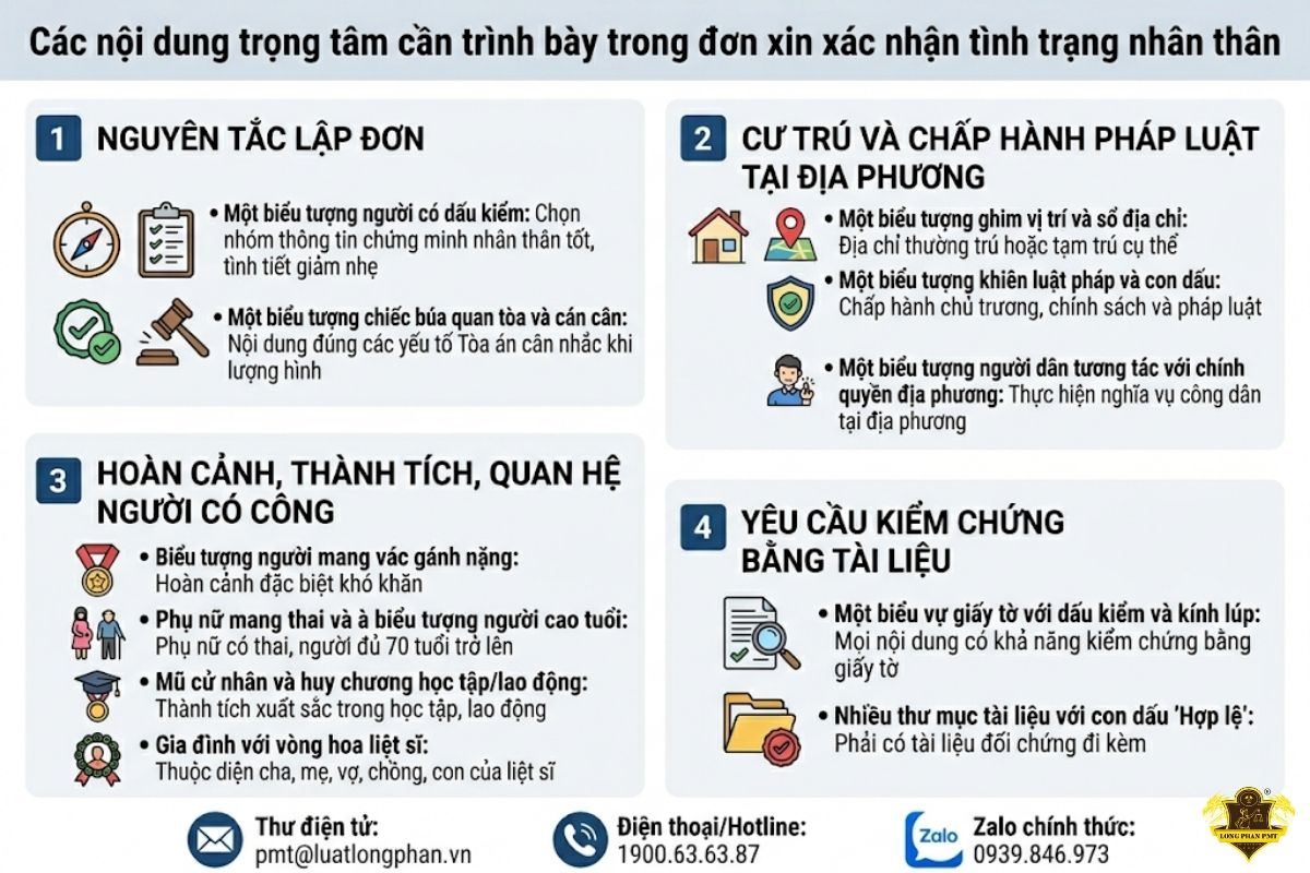 Liệt kê nội dung trọng tâm trong đơn xin xác nhận tình trạng nhân thân.