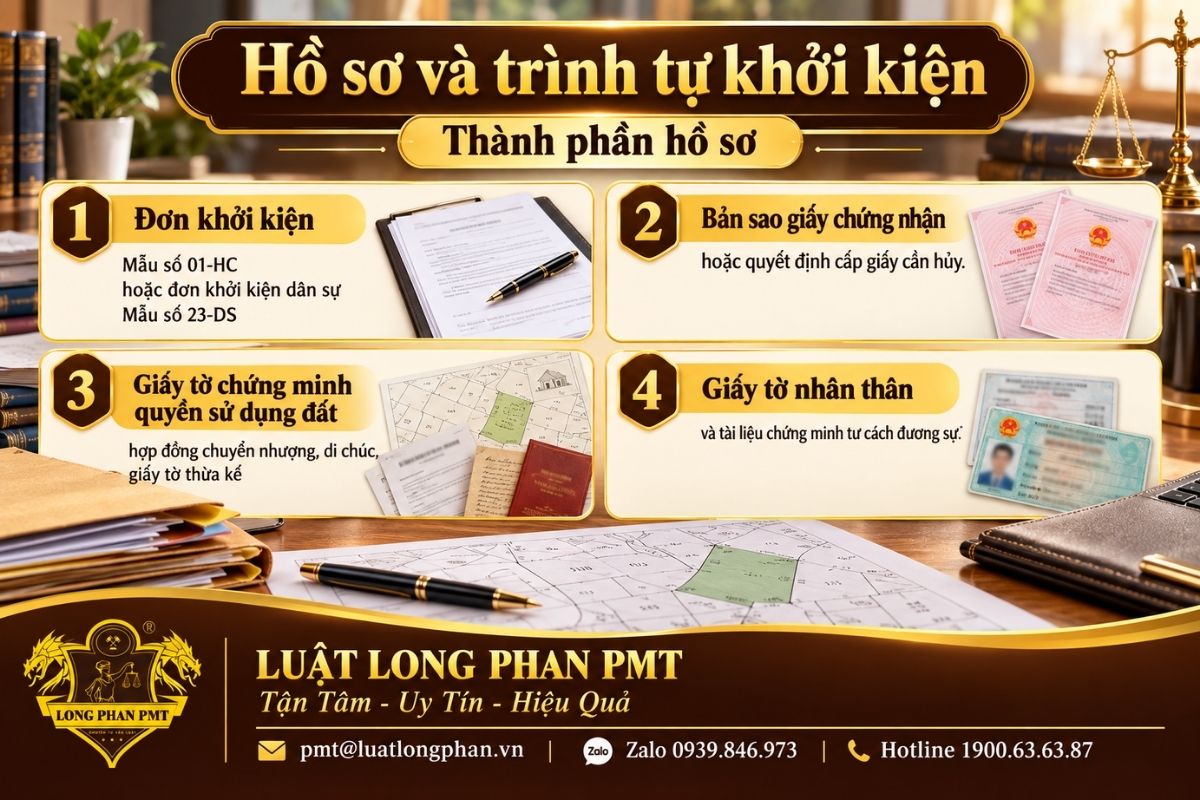 Hồ sơ khởi kiện hủy giấy chứng nhận gồm đơn, bản sao giấy, tài liệu chứng minh quyền và giấy tờ nhân thân.