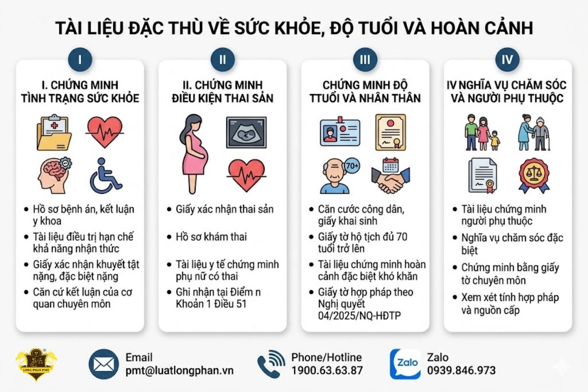 Các giấy tờ chứng minh điều kiện sức khỏe thai sản và độ tuổi để xin giảm nhẹ hình phạt.