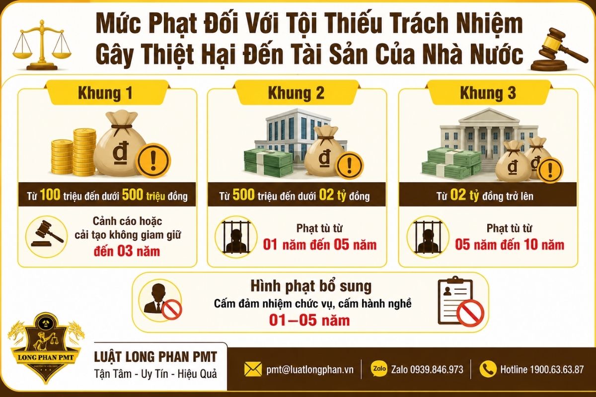 Mức phạt tội thiếu trách nhiệm gây thiệt hại tài sản Nhà nước theo ba khung tại Điều 179.