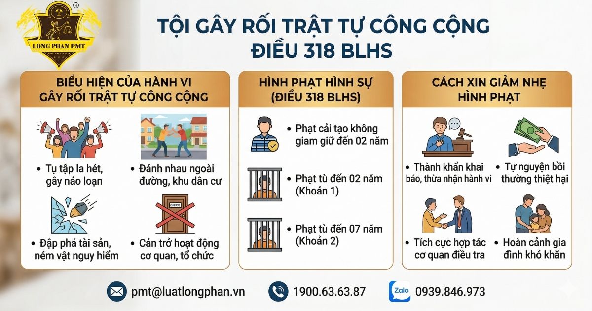 Thông tin chi tiết về tội gây rối trật tự công cộng theo Điều 318 Bộ luật Hình sự.