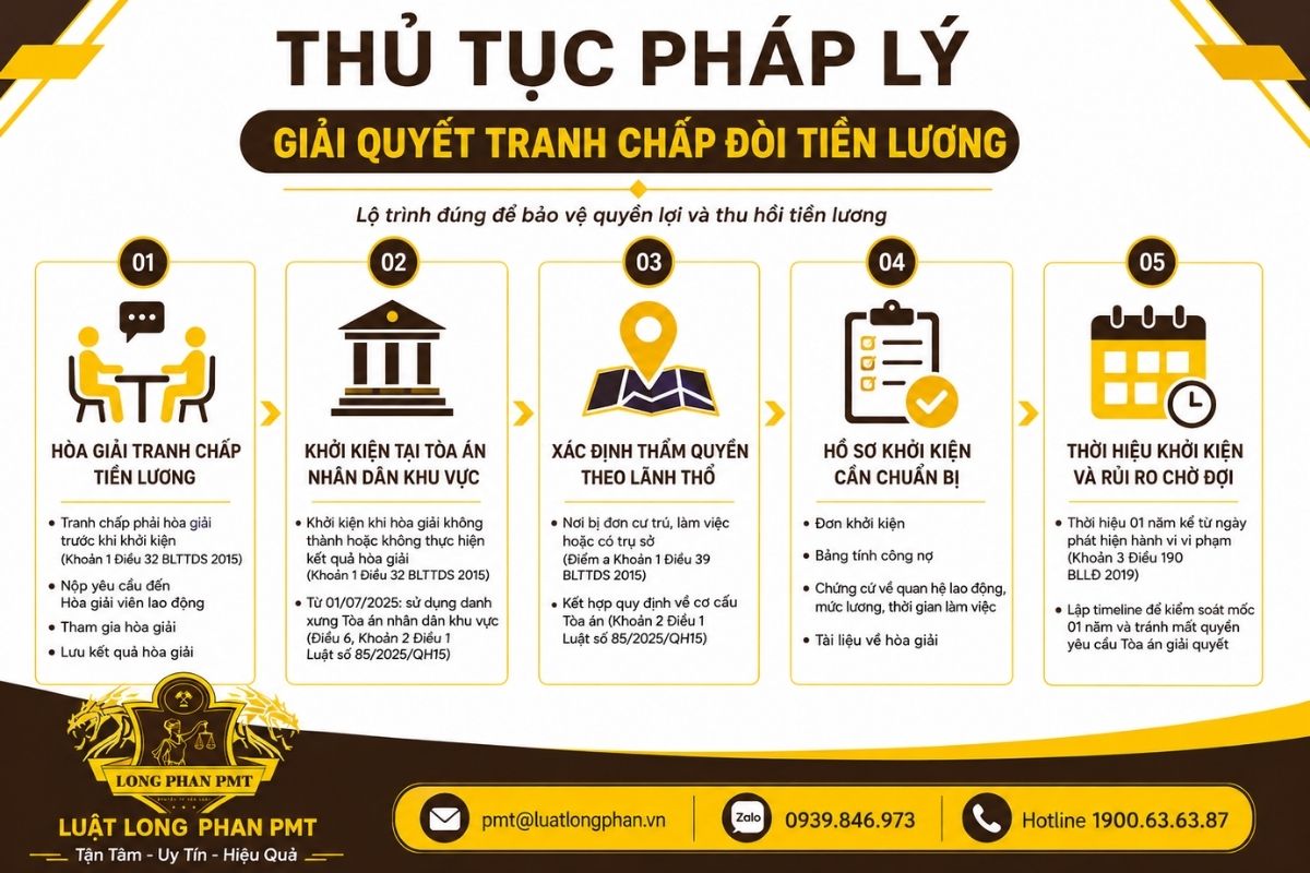 Thủ tục pháp lý giải quyết tranh chấp đòi tiền lương qua hòa giải và khởi kiện tại Tòa án.