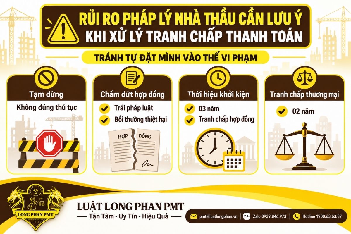 Rủi ro tranh chấp thanh toán hợp đồng xây dựng khi nhà thầu xử lý không đúng thủ tục.