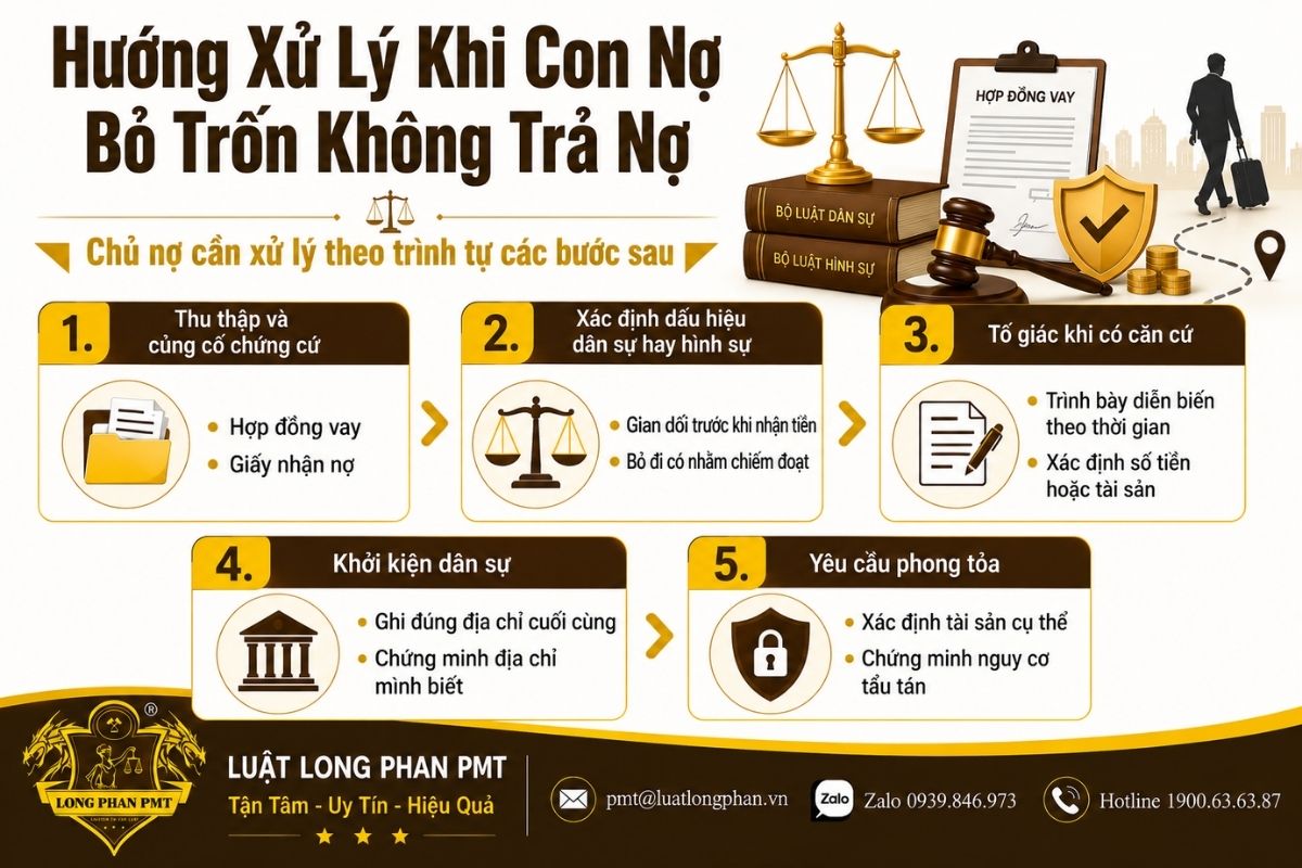 Hướng xử lý khi con nợ bỏ trốn gồm củng cố chứng cứ, phân loại vụ việc, khởi kiện và thi hành án.
