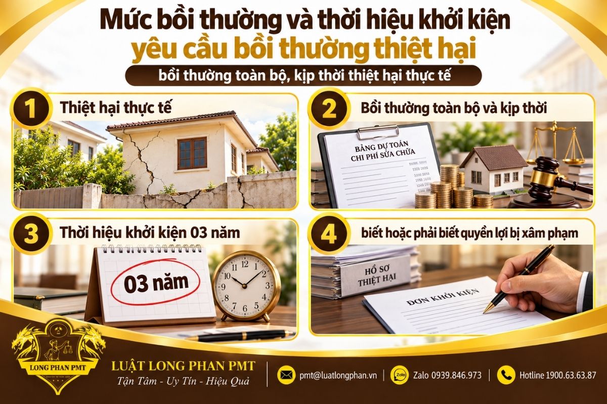 Mức bồi thường theo thiệt hại thực tế và thời hiệu khởi kiện yêu cầu bồi thường là 03 năm.