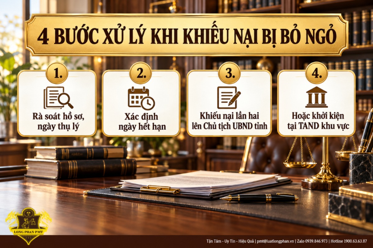 4 bước xử lý khi khiếu nại đền bù đất bị bỏ ngỏ: rà soát hồ sơ, xác định ngày hết hạn, khiếu nại lần hai hoặc khởi kiện