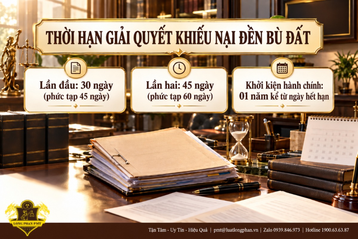 Thời hạn giải quyết khiếu nại đền bù đất: lần đầu 30 ngày, lần hai 45 ngày, khởi kiện hành chính 01 năm
