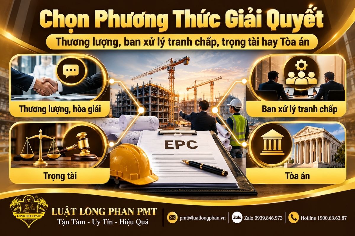 Các phương thức giải quyết tranh chấp EPC gồm thương lượng, ban xử lý, trọng tài và Tòa án.
