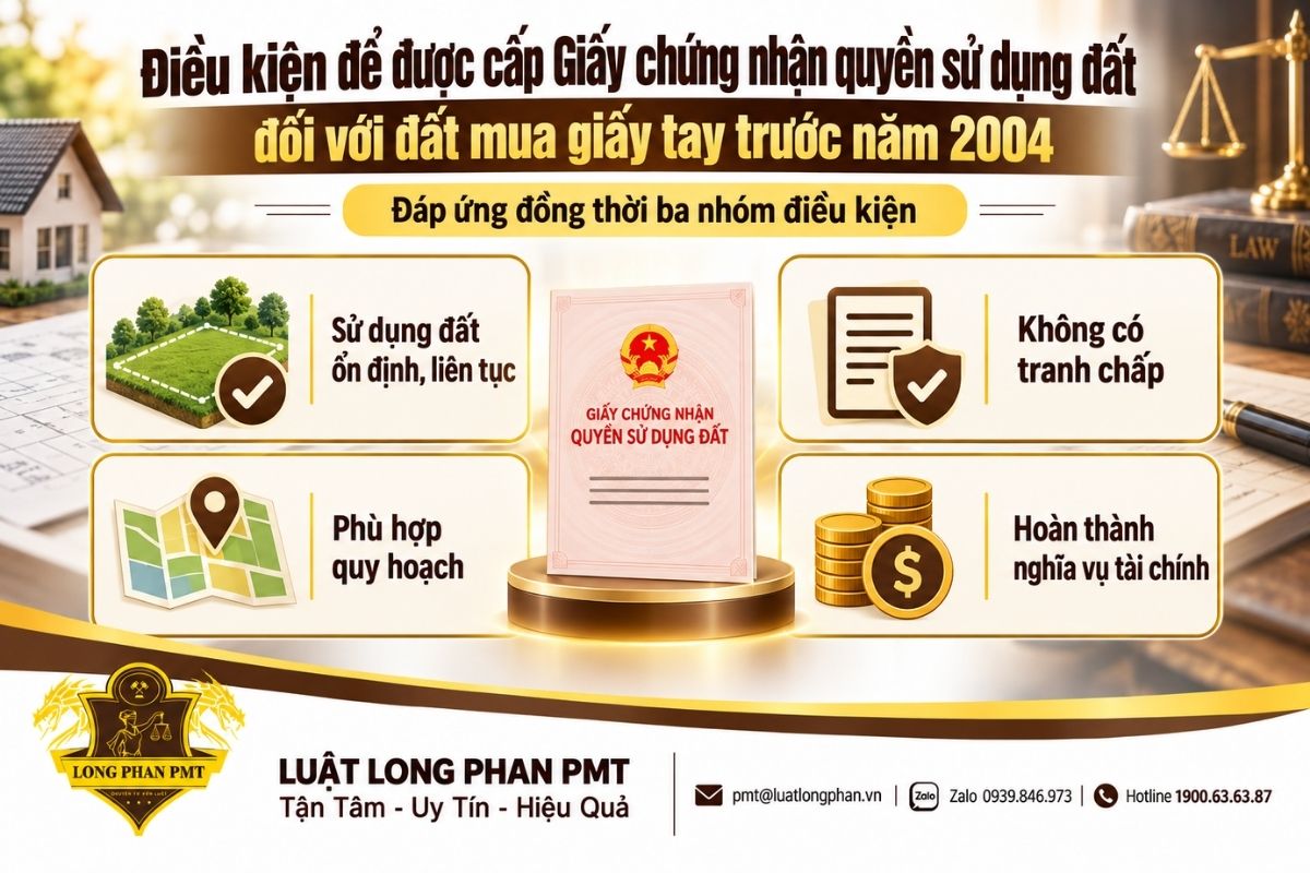 Điều kiện cấp Giấy chứng nhận cho đất mua giấy tay gồm ổn định, không tranh chấp và phù hợp quy hoạch.
