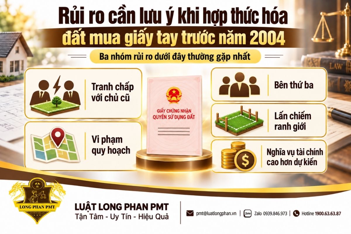 Rủi ro hợp thức hóa đất mua giấy tay liên quan tranh chấp, quy hoạch, ranh giới và nghĩa vụ tài chính.