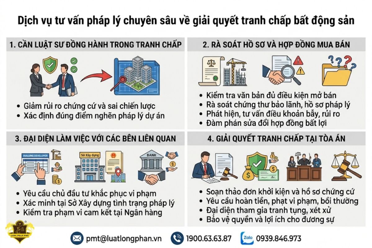 Dịch vụ tư vấn pháp lý chuyên sâu về giải quyết tranh chấp bất động sản liên quan đến nhà ở hình thành trong tương lai.