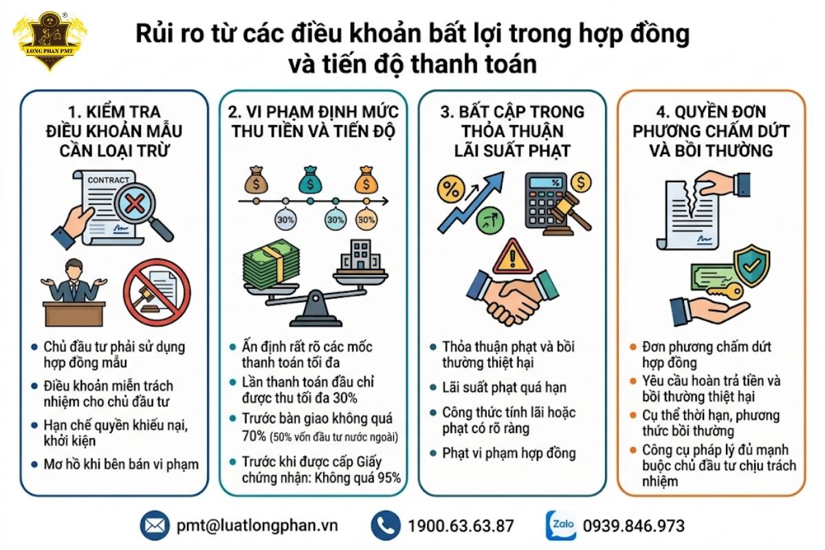 Các rủi ro từ điều khoản bất lợi trong hợp đồng mua bán nhà ở hình thành trong tương lai và tiến độ thanh toán.