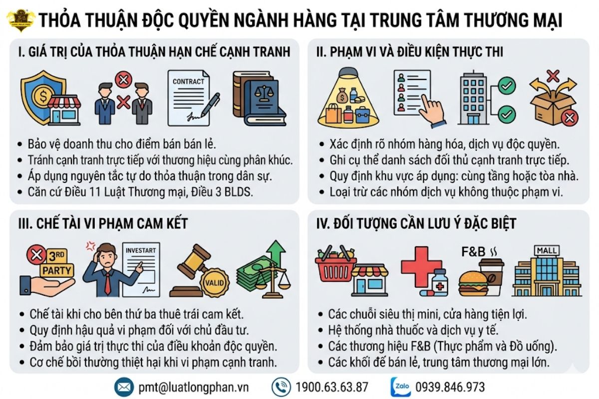 Quy định về thỏa thuận độc quyền ngành hàng và hạn chế cạnh tranh tại trung tâm thương mại.