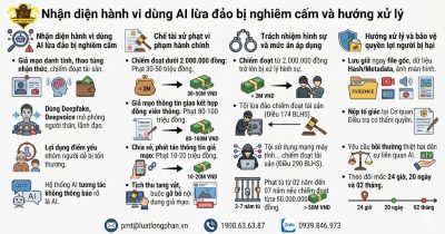 Infographic tổng hợp các hành vi dùng AI lừa đảo bị nghiêm cấm và hướng dẫn xử lý bảo vệ quyền lợi nạn nhân.