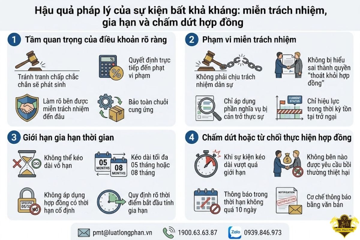 Bảng tóm tắt hậu quả pháp lý của sự kiện bất khả kháng gồm miễn trách nhiệm, gia hạn thời gian và chấm dứt hợp đồng.